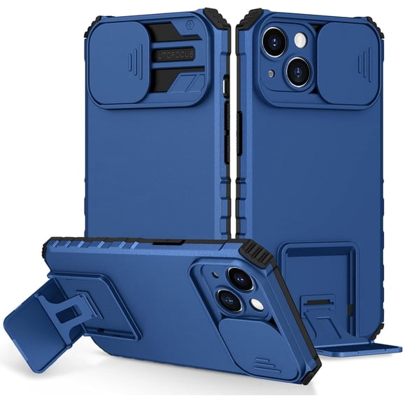 for iPhone 14 Case with Slide Camera Cover, ArmourSilicone TPU Bumper Tough PC Cover with Bulit in Kickstand, Military Shockproof Absorption Protective Cell Phone Case for iPhone 14 Blue