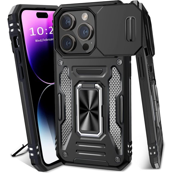 for iPhone 14 Case with Slide Camera Cover，Built-in 360° Magnetic Rotate Ring Stand Magnetic  Grade Shockproof Protective Case for Women and Men-Black