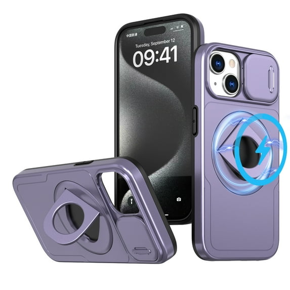 for iPhone 14 Case with Sliding Camera Cover, Compatible with MagSafe Built-in 360° Rotatable Invisible Kickstand Military Grade Shockproof Protective Magnetic Phone Case, Purple