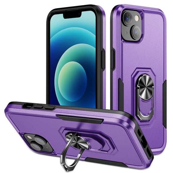 for iPhone 14 Case, Slim Fit Military Grade Drop Tested Dual Layer Shockproof Case with 360 Ring Holder Kickstand Protective Rugged Car Magnetic Non-Slip Phone Case,Purple+Black