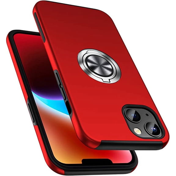 iPhone 14 Case, Slim Shockproof Bumper Phone Case for Apple iPhone 14 6.1 inch with Reinforced Metal Stand Kickstand for Women Girls Boys Men, Red