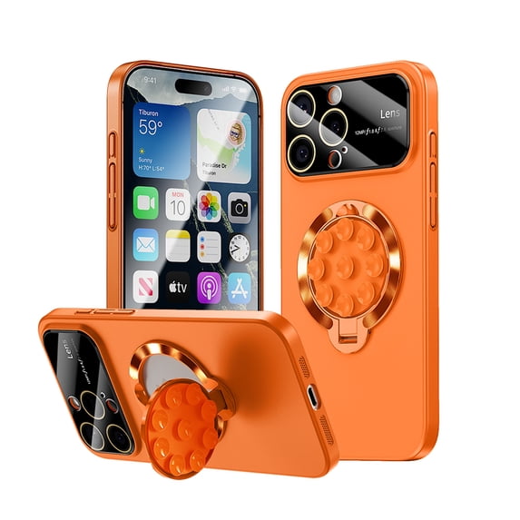 for iPhone 14 Case with Suction Cup, Military Grade Drop Protection, Compatible with MagSafe, Built-in Stand & Camera Lens Protector, Magnetic Hard Phone Case for iPhone 14, Orange