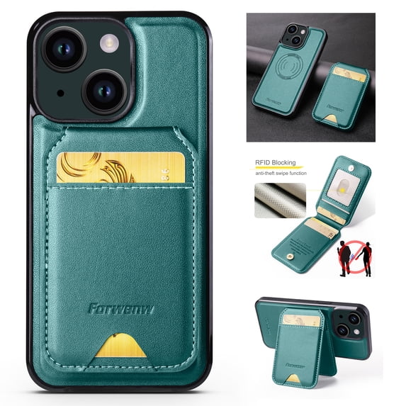 for iPhone 14 Case Wallet with Card Holder for Women Men Compatible with Magsafe Wallet Detachable Magnetic 2 in 1 Stand Credit Card Slots PU Leather Shockproof Phone case-Off, Green