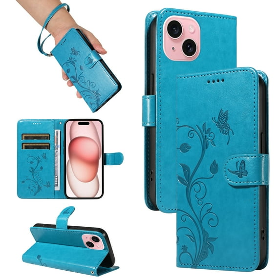 iPhone 14 Case Wallet with Cards Holder,Allytech Stylish Butterfly Embossed Shockproof Protective Flip Stand Cover for Girls Women Hand Wrist Wallet Case for Apple iPhone 14 - Blue