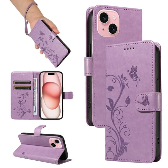 iPhone 14 Case Wallet with Cards Holder,Allytech Stylish Butterfly Embossed Shockproof Protective Flip Stand Cover for Girls Women Hand Wrist Wallet Case for Apple iPhone 14 - Purple