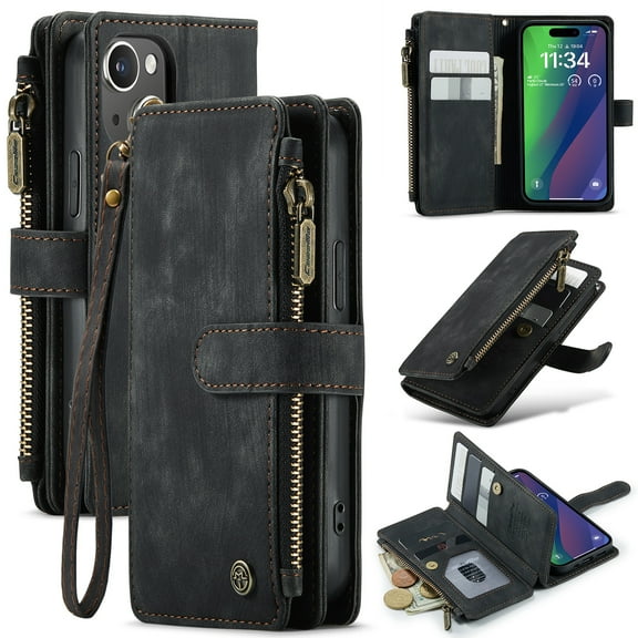 for iPhone 14 Case, Wallet Case with Card Holder Kickstand Magnetic Zipper Pocket Lanyard Strap Wristlet, Leather Flip Case Wallet for iPhone 14, Black