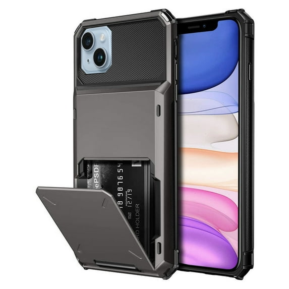 for iPhone 14 Case Wallet Credit Card Holder ID Slot Flip Rolling Door Hidden Pocket Anti-Scratch Dual Layer Hybrid Bumper Armor Protective Shell Back Cover For iPhone 14, Gray