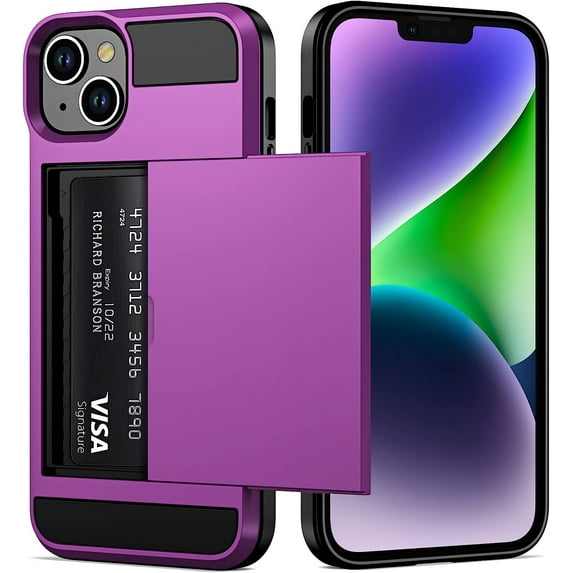 for iPhone 14 Case Wallet Credit Card Holder ID Slot Sliding Door Hidden Pocket Men Women Anti-Scratch Dual Layer Hybrid Bumper Armor Protective Shell Back Cover for iPhone 14 6.1" Purple