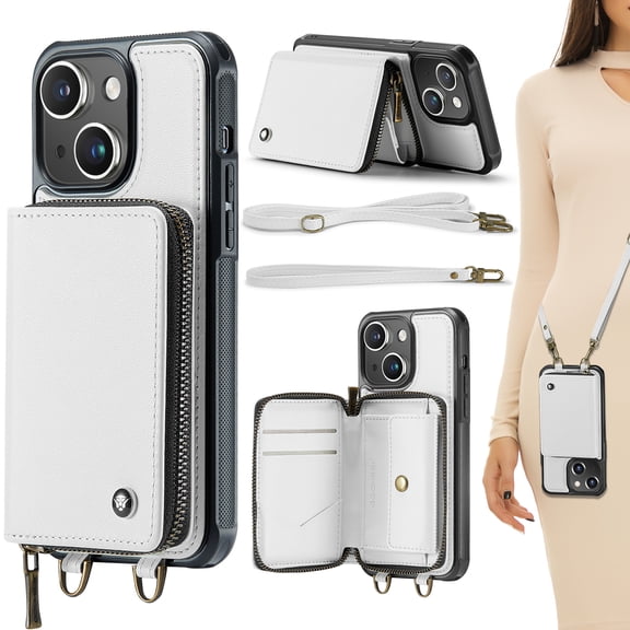for iPhone 14 Case Wallet, Crossbody Zipper Purse Handbag with RFID Blocking Card Slots Kickstand, Detachable Shoulder Lanyard Flip Style PU Leather Shockproof Case for iPhone 14,White