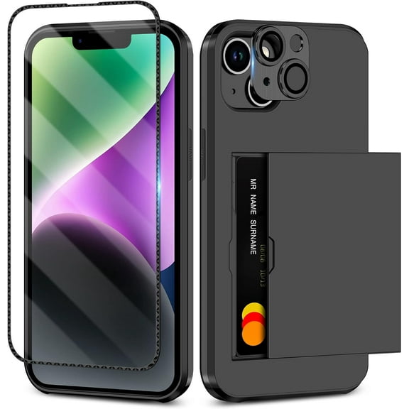 for iPhone 14 Case Wallet with Screen Protector & Camera Cover 4-in-1 Full Body Hybrid iPhone 14 Case with Card Holder Shockproof Protective Phone Case for iPhone 14 for Women Men (Black)