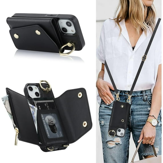 for iPhone 14 Case Wallet with Strap for Women,Crossbody Lanyard and Wristlet Strap,Zipper Pocket,Credit Card Holder,Ring Stand,RFID Blocking Phone Wallet Cases(6.1 inch,Black)
