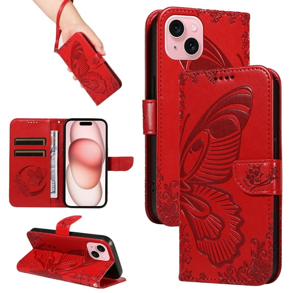 for iPhone 14 Case Wallet for Women, Flip Folio Cover with Butterfly Pattern PU Leather Stand Card Holder Slots Wrist Strap Protective Phone Case for iPhone 14, Red