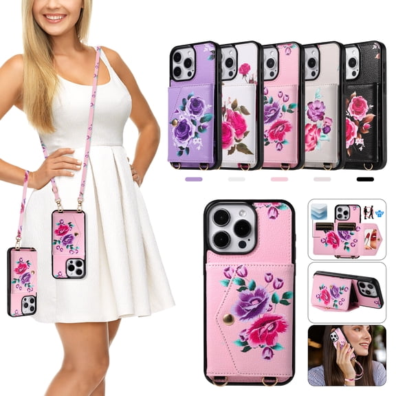 iPhone 14 Case Wallet for Women Girls, Floral Case with Cards Holder & Makeup Mirror Hand Wrist Crossybody Shoulder Strap RFID Blocking Purse Cover Case for Apple iPhone 14,Pink
