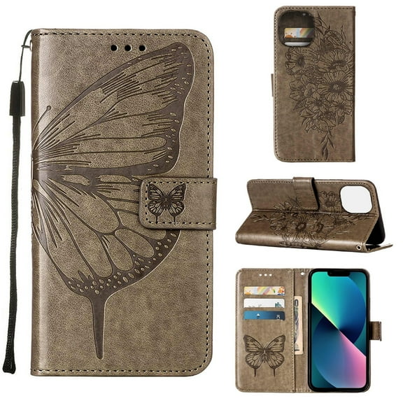 for iPhone 14 Case Wallet, for Women Men with Card Holder & Magnetic Cover & Kickstand Strap Glitter PU Leather Flip Flower Butterfly Pattern Case for iPhone 14 6.1 inch 2022,Gray