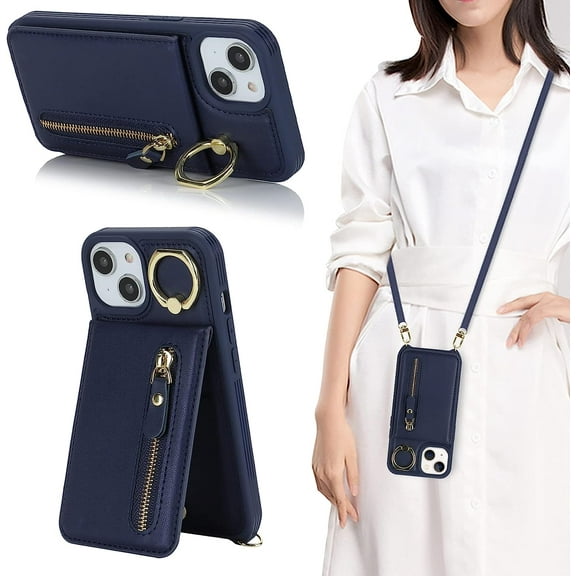iPhone 14 Case for Women with Card Holder, iPhone 14 Phone Case Wallet with Strap,Crossbody Lanyard Cases with Credit Card Slots Kickstand with Ring Holder Stand Case,6.1 Inch,Blue