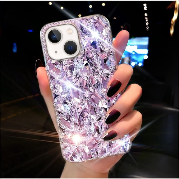 for iPhone 14 Case for Women,Shiny Luxury Bling Phone Case with 3D Glitter Sparkle Crystal Rhinestone Diamond Gems on Hard Reflective PC Back,Soft TPU Bumper Cover for Girly Girl(Purple)