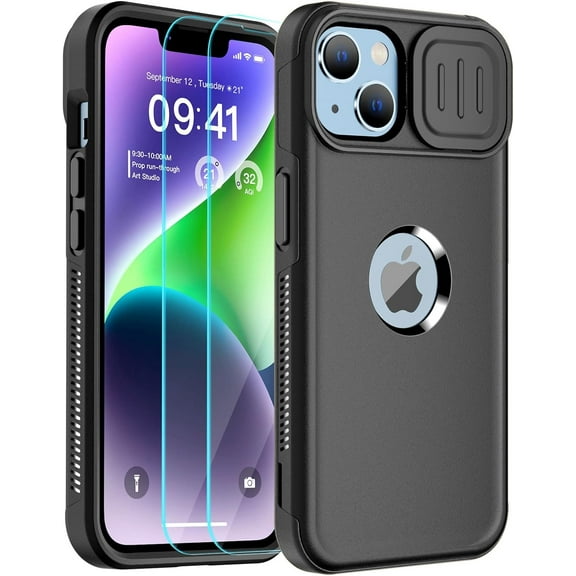 for iPhone 14 Case & iPhone 13 Case, [10 FT Military Grade Drop Protection][2+Tempered Glass Screen Protector][Dual Layer Structure Protection] Non-Slip Shockproof Phone Case,Black