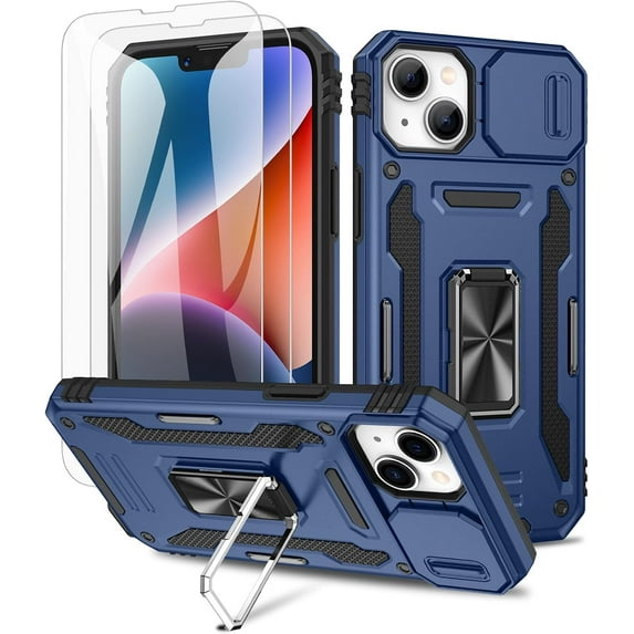 for iPhone 14 Case & iPhone 13 Case with Camera Cover Slide, Built-in 360° Rotating Kickstand & Tempered Glass Screen Protector Shockproof Case for iPhone 14 & iPhone 13 6.1 inch, Navy Blue