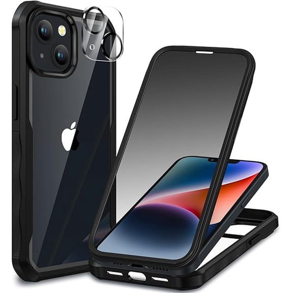 for iPhone 14 Case/iPhone 13 Case, Privacy Phone Cover with Built-in Anti Peep Tempered Glass Privacy Screen Protector and Camera Lens Protective Full Body Shockproof Clear Bumper - Black