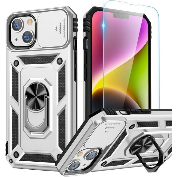 for iPhone 14 Case & iPhone 13 Case + Screen Protector - Slide Camera Lens Cover with Ring Stand, Heavy Duty Military Grade Shockproof Rugged Phone Case for iPhone 14 & 13 Accessories Silver
