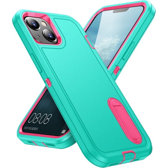 for iPhone 14 Case, for iPhone 13 Case with Stand, Heavy Duty Protection Shockproof Anti-Scratch Slim Fit Lightweighttective Sturdy Case Hard Cover for iPhone 14/13 6.1 Inch,Light Blue/Pink