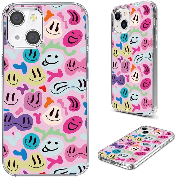 for iPhone 14 Case, iPhone 13 Case for Women Girl Men, Full Protective Shockproof Slim Soft TPU Clear Phone Cover Cases for iPhone 14/13 6.1, Cute Cool Cartoon Colorful Happy Melting Smile Face
