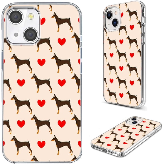for iPhone 14 Case, iPhone 13 Case for Women Men Girl, Full Protective Shockproof Slim Soft TPU Clear Phone Cover Cases for iPhone 14/13 6.1, Cartoon Animal Pet Dog Funny Doberman Pinscher Hearts