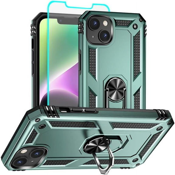 for iPhone 14 Case, iPhone 14 Phone Case with HD Screen Protector, [Military Grade 16ft. Drop Tested] Ring Shockproof Protective Phone Case for iPhone 14,Dark Green