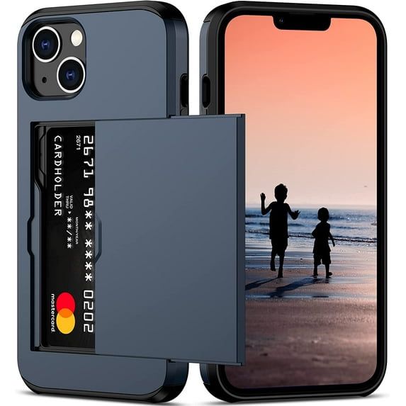 iPhone 14 Case with Card Holder Heavy Duty Protective Dual Layer Shockproof Hidden Card Slot Slim Wallet Case for iPhone 14 for Women&Men(Blue)