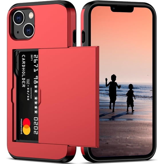 iPhone 14 Case with Card Holder Heavy Duty Protective Dual Layer Shockproof Hidden Card Slot Slim Wallet Case for iPhone 14 for Women&Men(Red)