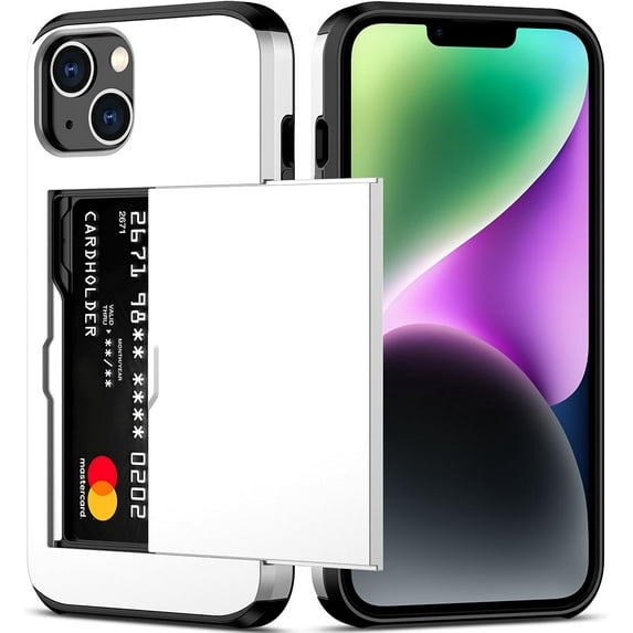 iPhone 14 Case with Card Holder Heavy Duty Protective Dual Layer Shockproof Hidden Card Slot Slim Wallet Case for iPhone 14 for Women&Men(White)