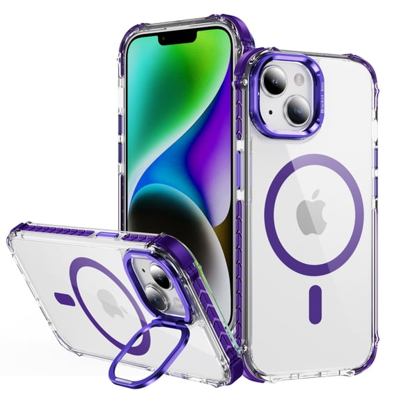 for iPhone 14 Clear Case, Compatible with MagSafe, Built-in Camera Ring Stand, Clear Slim Drop Shockproof Full Body Protective Magnetic Phone Case Cover for iPhone 14, Purple