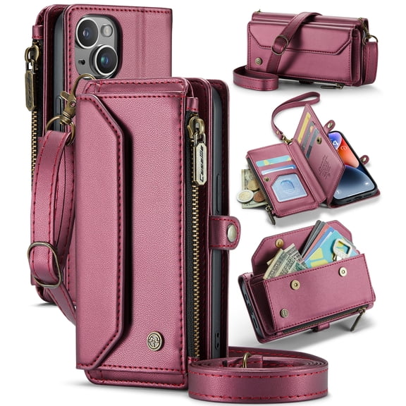 For iPhone 14 Crossbody Wallet Case with Card Slots Zipper Pocket,PU Leather Magnetic Flip Folio Wristlet Shoulder Strap 3-in-1 Crossbody Phone Case Wallet for Women Men,Hotpink