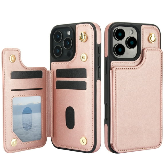 For iPhone 14 Crossbody Wallet Phone Case,With Shoulder Strap,Card Slots,Back Double Magnetic Clasp PU Leather Flip Kickstand,Durable Shockproof Anti-fall Phone Case Cover,Rosegold