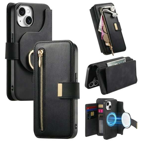 for iPhone 14 Detachable Wallet Case with Card Holder, 2 in 1 PU Leather Flip Folio Case with RFID Blocking Magnetic Stand Removable Shockproof Phone Cover with Ring Holder, Black