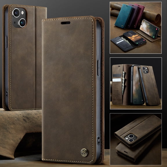 For iPhone 14 Flip Wallet Phone Case,Magnetic Closure,With Card Slots,Flip Folding Kickstand,Anti-Scratch Retro PU Leather Shockproof Drop Protection Durable Phone Case,Coffee