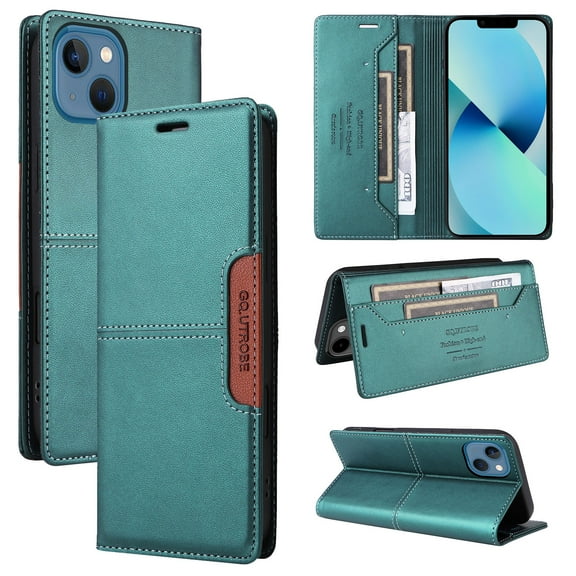 For iPhone 14 Flip Wallet Phone Case,[RFID Blocking]PU Leather Magnetic Folio Cover,With Card Slots,Flip Folding Kickstand,Shockproof TPU Anti-fall Rugged Phone Case Cover,Green