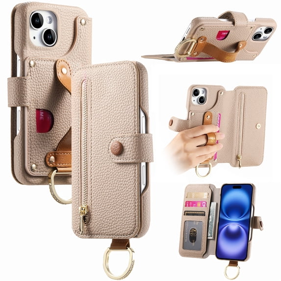for iPhone 14 Folio Flip Wallet Case, PU Leather Zipper Pocket Card Slots RFID Blocking Wristband Bracket, with Diamond Finger Ring Full Body Protection for iPhone 14 - Khaki