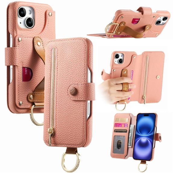 for iPhone 14 Folio Flip Wallet Case, PU Leather Zipper Pocket Card Slots RFID Blocking Wristband Bracket, with Diamond Finger Ring Full Body Protection for iPhone 14 - Pink