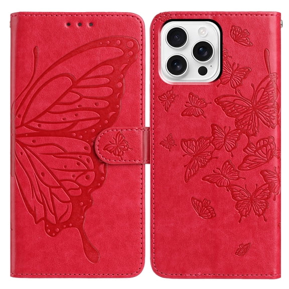 For iPhone 14 Folio Wallet Case with Wrist Strap, Embossed Butterfly Pattern, Lightweight Protective PU Leather Phone Case with Credit Card/Cash Slots, Magnetic Closure, Red