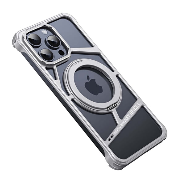 For iPhone 14 Frameless Phone Case,With Kickstand 360° Rotatable Magnetic Stand,Bezel Less Metal Slim Hard Shockproof Ultra Thin Heat Dissipation Rugged Phone Case Cover,Silver