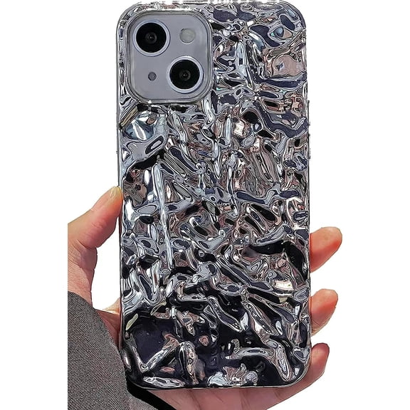 iPhone 14 Glitter Case, Fashion Bling Glitter Silver Cute Soft Silicone Tin Foil 3D Pleats Women Girls Shockproof Soft Case Cover for iPhone 14