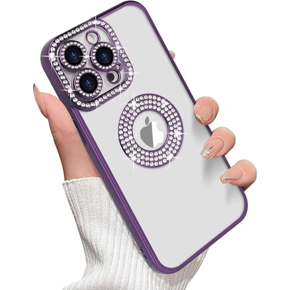 for iPhone 14 Glitter Case with Logo View for Women Girls Luxury Cute Diamond Case Bling Camera Protective Soft Clear Sparkle Rhinestone Shockproof Cover for iPhone 14, Purple