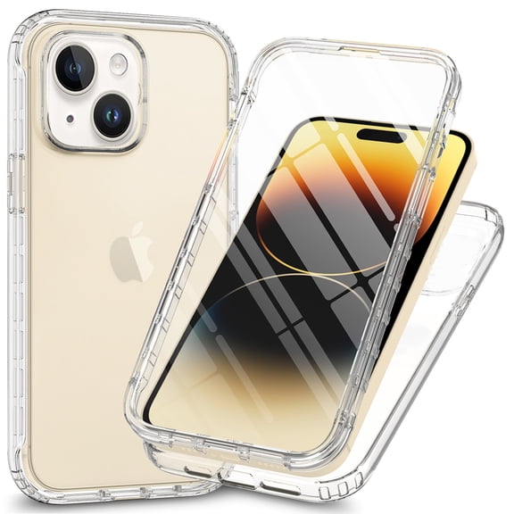 for iPhone 14 Gradient Transparent Hybrid Case, [Not Yellowing] [Military-Grade Drop Protection][Built in Screen Protector][Hard PC & Soft Silicone Bumper] 360° Full Body Rugged Cover,Clear