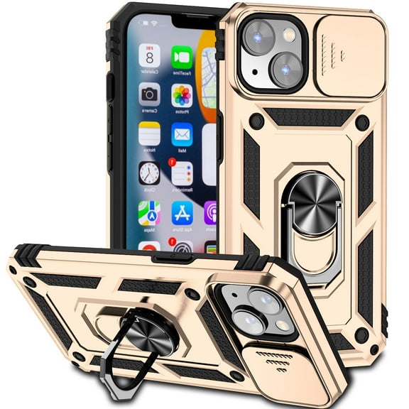 iPhone 14 Kickstand Armor Case with Slide Camera Lens Protection Cover Built-in 360° Rotate Ring Holder Stand Magnetic Military Shockproof Phone Cover Case for iPhone 14,
Gold