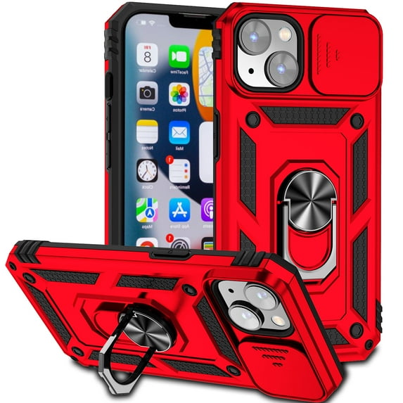 iPhone 14 Kickstand Armor Case with Slide Camera Lens Protection Cover Built-in 360° Rotate Ring Holder Stand Magnetic Military Shockproof Phone Cover Case for iPhone 14,
Red