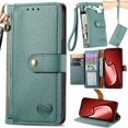 thumbnail image 1 of for iPhone 14 Leather Phone Case Wallet Zipper Pocket Pouch Folio Flip Cover Kickstand, Multi Anti-theft Card Holder Cash Slot, Double Magnetic Buckle, Wrist Lanyard, 1 of 16
