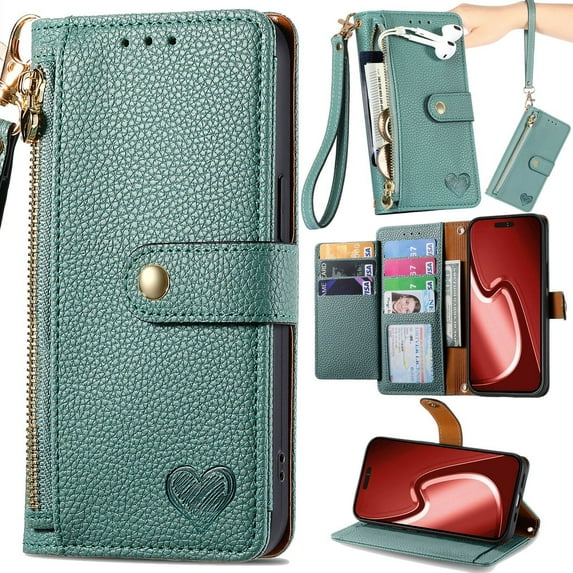 for iPhone 14 Leather Phone Case Wallet Zipper Pocket Pouch Folio Flip Cover Kickstand, Multi Anti-theft Card Holder Cash Slot, Double Magnetic Buckle, Wrist Lanyard