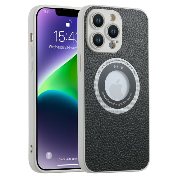 for iPhone 14, Luxury Compatible with MagSafe Slim PU Leather Camera Lens Protector Bling Sparkle Lens Shockproof Case Logo Visible Design for Women Girls For iPhone 14, Black