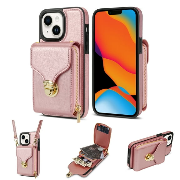 iPhone 14 Luxury Leather Case with Card Holder for Women Phone Case Wallet with Strap Credit Card Slots Crossbody Strap with Kickstand Zipper Shockproof Case For iPhone 14,Rosegold